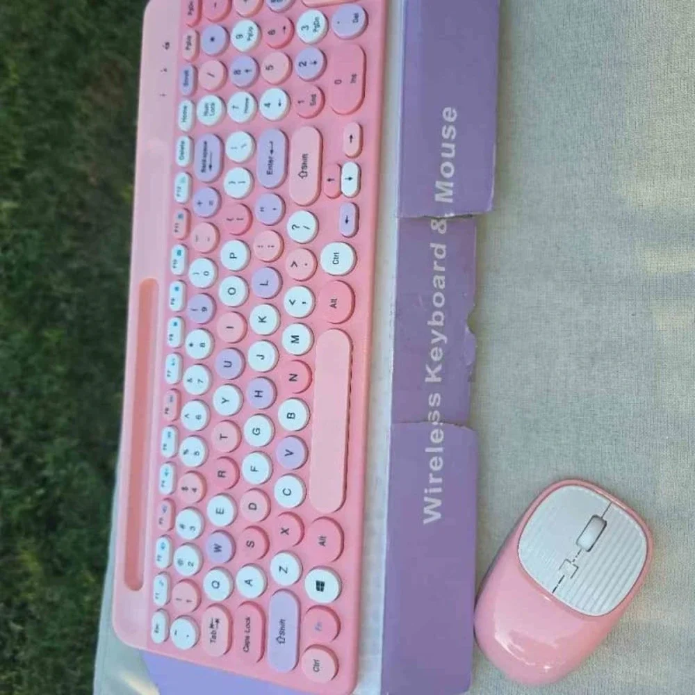 Pink Retro Round Keycaps Full-Size Typewriter Keyboard Mouse Set dongle missing